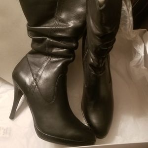 Black leather heel boots